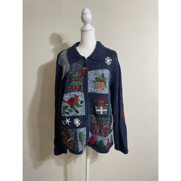 Vintage Embroidered Christmas Xl Sweater Front Zip Collared Cardinals Womens - Picture 1 of 14